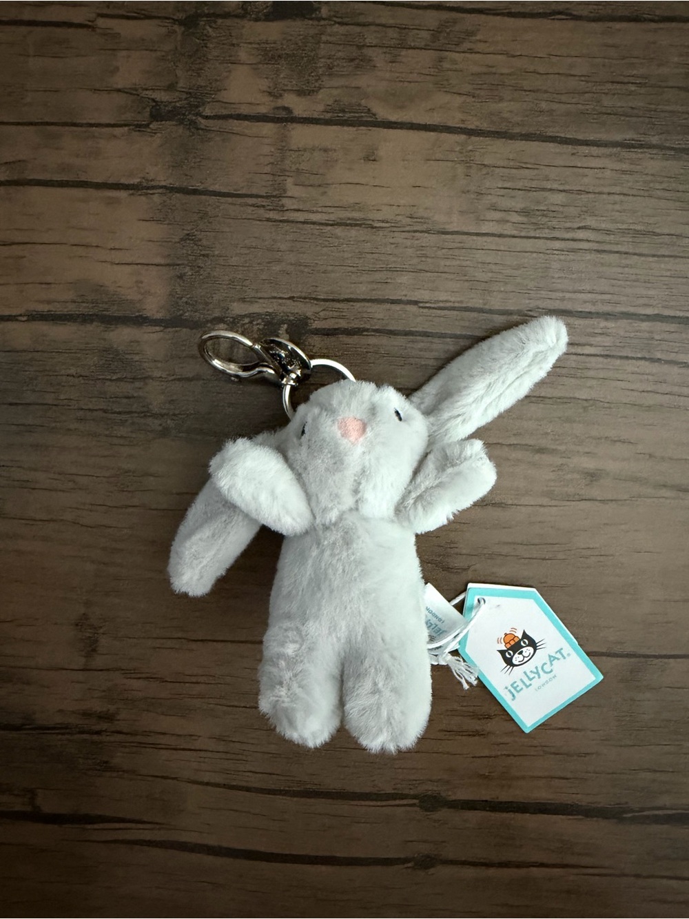 Jellycat Light Grey Bunny Keyring with Pink Nose